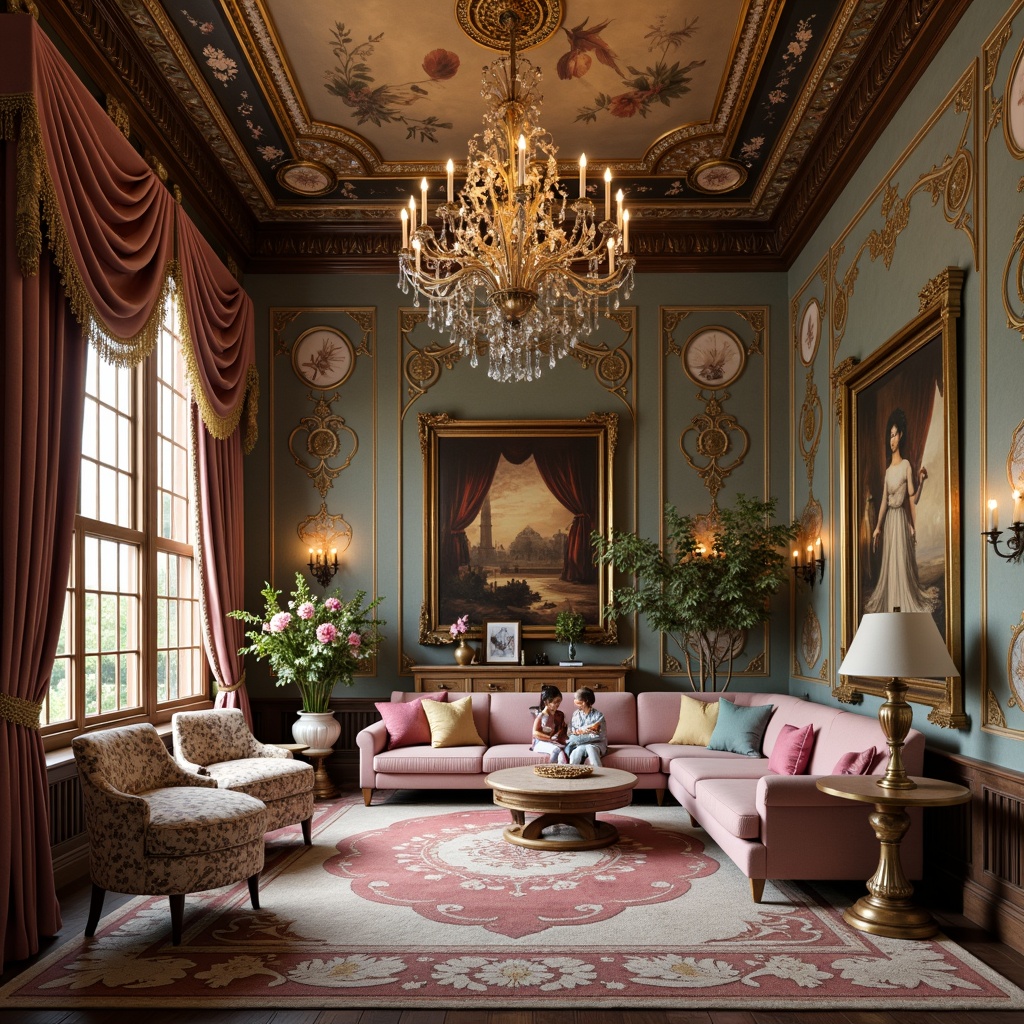 Prompt: Luxurious velvet fabrics, intricate gold embroidery, ornate silk patterns, soft pastel hues, delicate lace trimmings, rich brocade textures, elegant tassel details, opulent satin drapes, whimsical floral motifs, distressed wood accents, antique furniture pieces, lavish crystal chandeliers, grandiose mirrors, dramatic ceiling murals, warm candlelight ambiance, 1/2 composition, shallow depth of field, realistic fabric simulations.