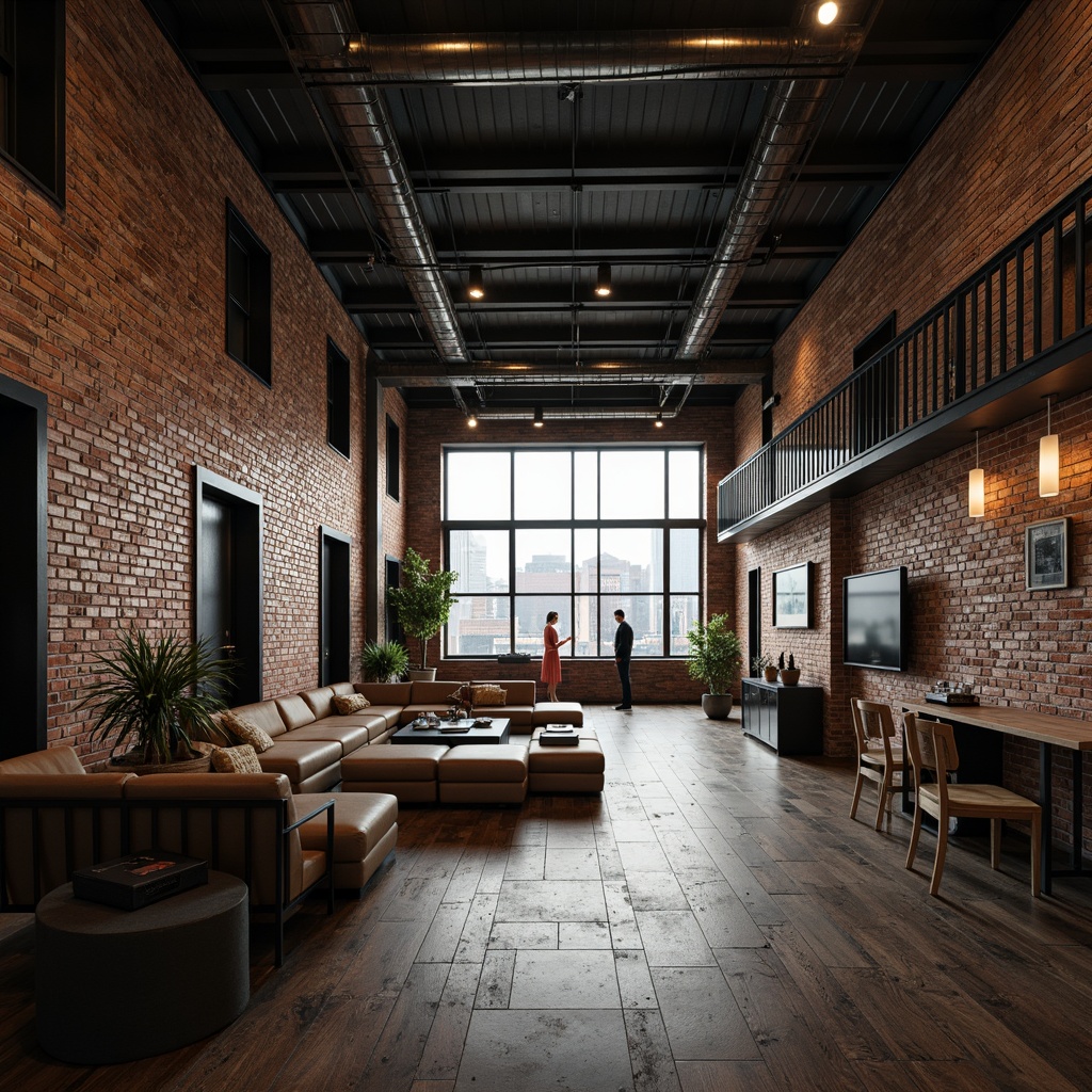 Prompt: Exposed brick walls, metal beam ceilings, reclaimed wood floors, industrial-style lighting fixtures, urban loft atmosphere, converted warehouse aesthetic, vintage factory machinery, distressed concrete textures, raw metal accents, minimalist decor, functional simplicity, open-plan living spaces, high ceilings, cityscape views, gritty urban feel, moody color palette, dramatic shadow play, low-key ambient lighting, 3/4 composition, cinematic framing.