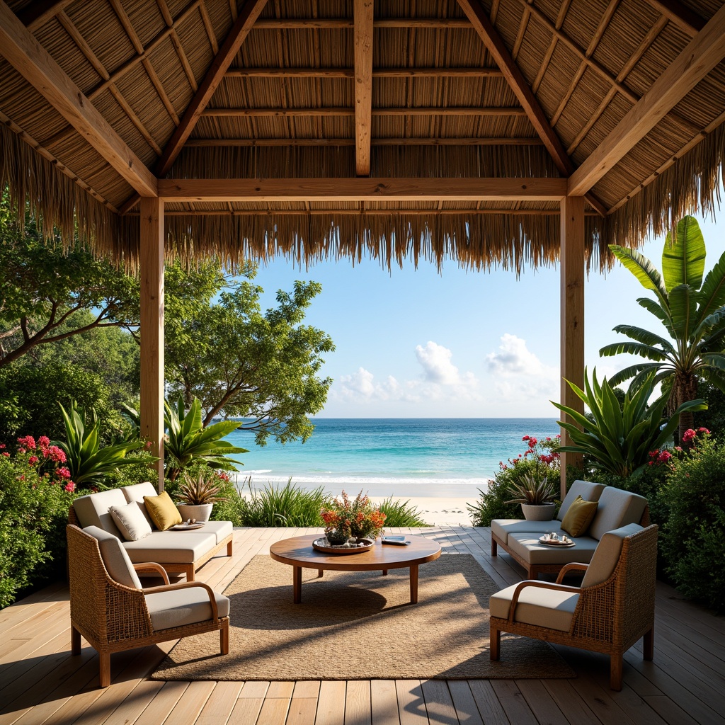 Prompt: Tropical villa, natural materials, wooden accents, rattan furniture, wicker decor, bamboo walls, thatched roofs, lush greenery, exotic plants, vibrant flowers, ocean views, sandy beaches, coral reefs, sunny day, warm soft lighting, shallow depth of field, 3/4 composition, panoramic view, realistic textures, ambient occlusion.