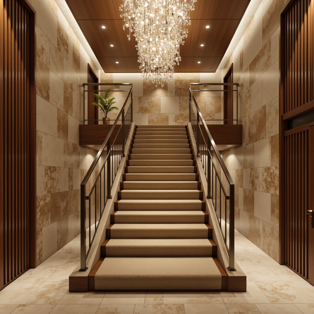 Prompt: Luxurious staircase, rich wood treads, warm beige carpeting, soft velvet padding, polished chrome handrails, elegant crystal chandeliers, modern minimalist design, open risers, floating steps, LED ambient lighting, subtle shadows, 3/4 composition, realistic textures, natural stone walls, sophisticated color palette.