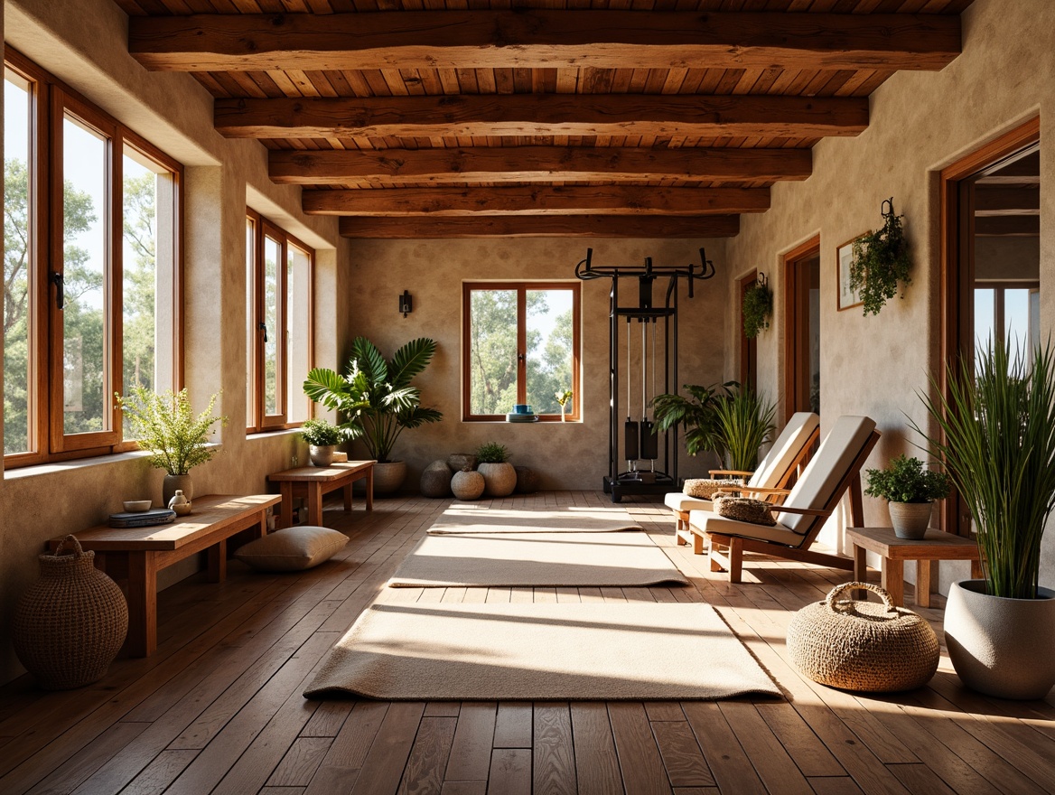 Prompt: Warm Mediterranean-style home gym, rich wood flooring, distressed wooden planks, earthy tones, soft warm lighting, large windows, natural stone walls, rustic metal equipment, vintage fitness machines, plush workout mats, woven baskets, potted plants, aromatic essential oils, calming ambiance, serene atmosphere, shallow depth of field, 1/1 composition, realistic textures, ambient occlusion.