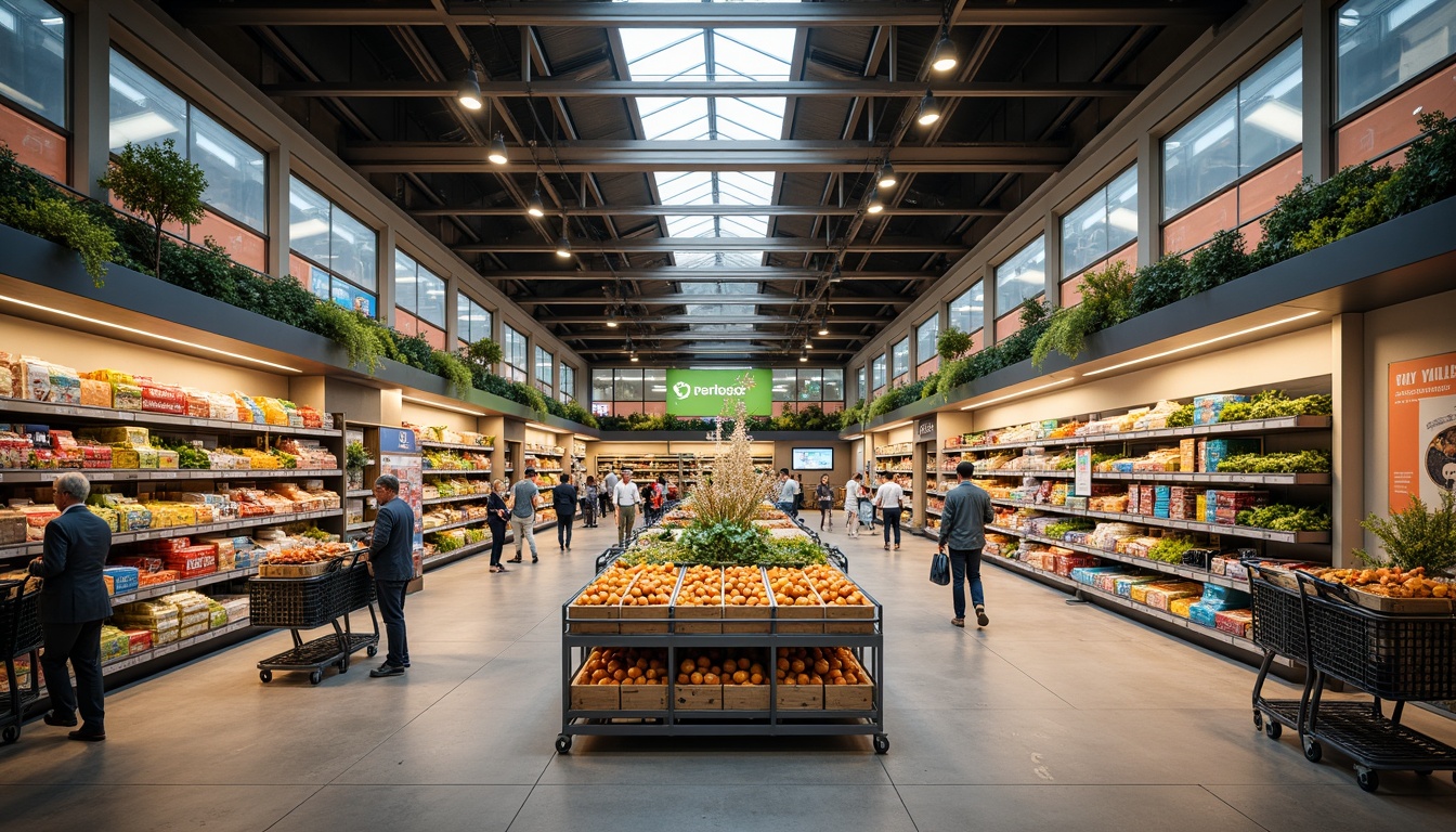 Prompt: Vibrant grocery store interior, warm and inviting atmosphere, high-ceilinged aisles, sleek metal shelving units, abundant natural light, skylights, clerestory windows, softbox lighting fixtures, LED strips under shelves, accent lighting on promotional displays, recessed lighting in ceiling, gentle color temperature, 3000K-4000K warm white lighting, energy-efficient solutions, minimalist design, polished concrete floors, modern grocery carts, colorful product packaging, lively signage, shallow depth of field, 1/1 composition, realistic textures.