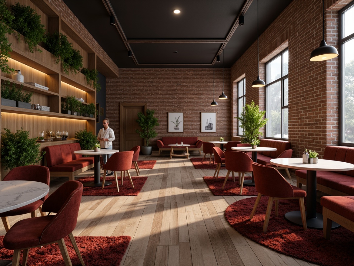 Prompt: Rich wood flooring, plush area rugs, velvet upholstered chairs, marble dining tables, metallic accents, industrial pendant lights, exposed brick walls, earthy color palette, warm cozy atmosphere, soft diffused lighting, shallow depth of field, 1/1 composition, realistic textures, ambient occlusion.