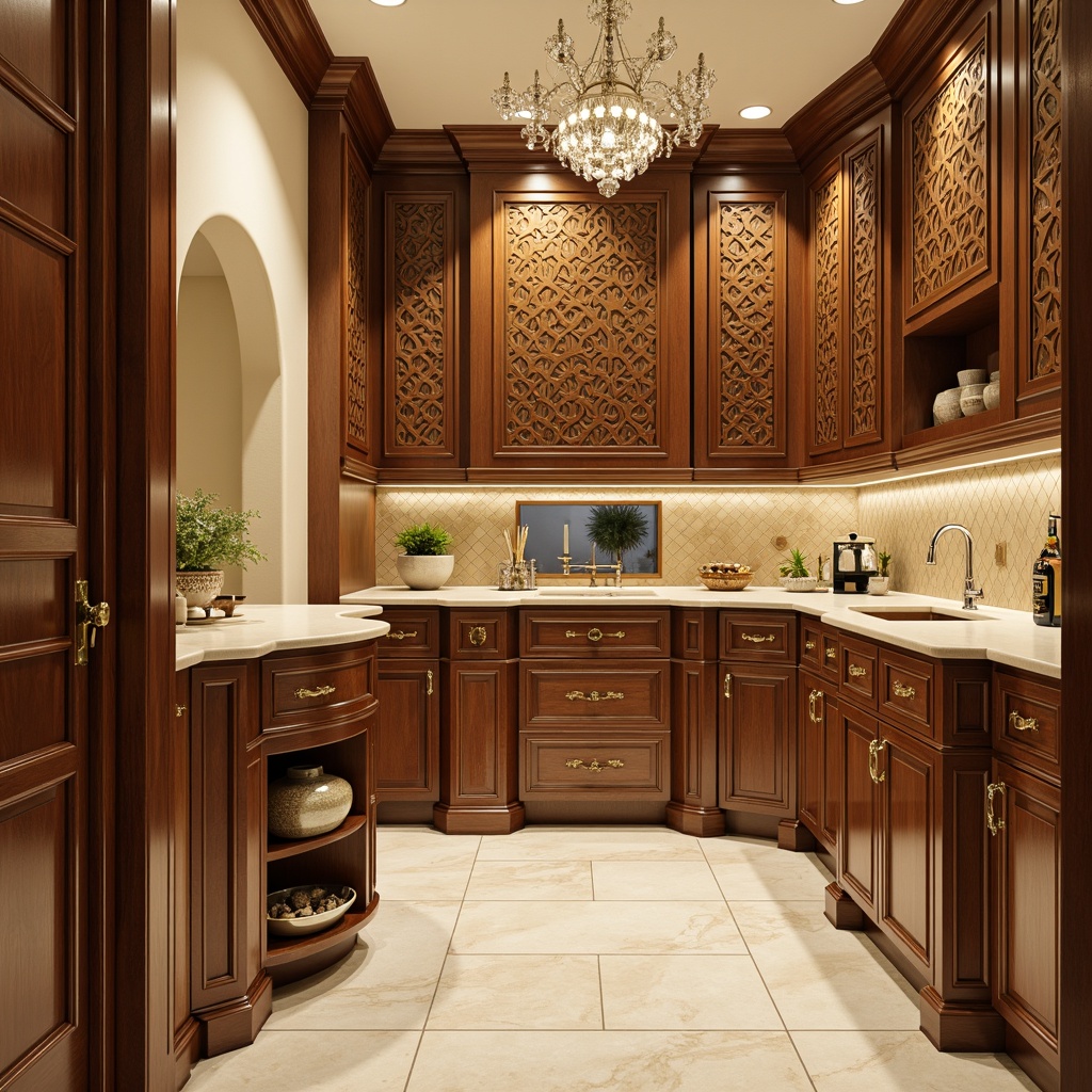 Prompt: Art Deco pantry, luxurious kitchen, ornate cabinetry, metallic hardware, textured surfaces, geometric patterns, chrome accents, high-gloss finishes, rich wood tones, cream-colored walls, opulent chandeliers, dramatic lighting, warm beige countertops, decorative tile backsplashes, intricate inlays, elegant archways, sophisticated color palette, glamorous atmosphere, softbox lighting, 1/2 composition, shallow depth of field, realistic reflections.