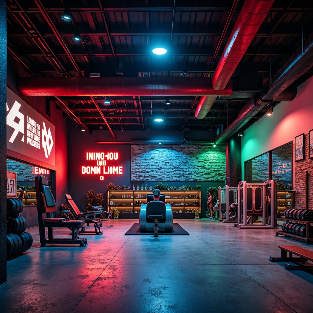 Prompt: Vibrant gym interior, dynamic color scheme, bold red accents, deep blue tones, energizing green hues, metallic silver equipment, industrial concrete floors, modern LED lighting, high-contrast shading, dramatic shadows, intense workout atmosphere, motivational quotes, sleek fitness machines, rubber flooring, athletic wear displays, trophy cases, minimalist decor, urban loft vibe, natural stone walls, reclaimed wood accents, abstract geometric patterns, warm ambient glow, 3/4 composition, realistic textures, ambient occlusion.