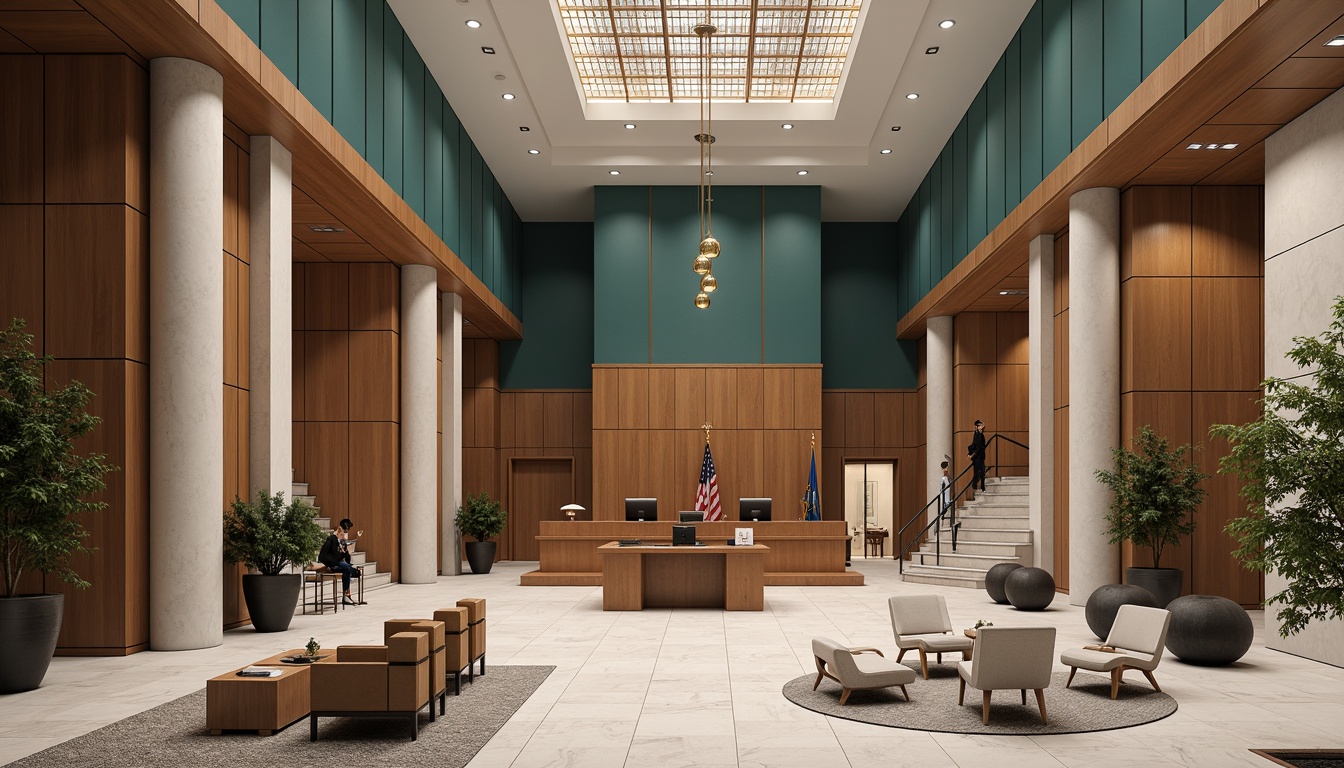 Prompt: Elegant courthouse interior, teal accent walls, rich wood paneling, sophisticated furniture, polished marble floors, ornate ceiling details, stately columns, warm neutral color scheme, subtle patterned rugs, modern pendant lighting, dramatic staircases, spacious atriums, natural stone cladding, professional workspaces, collaborative meeting areas, serene atmosphere, softbox lighting, shallow depth of field, 2/3 composition, realistic textures.