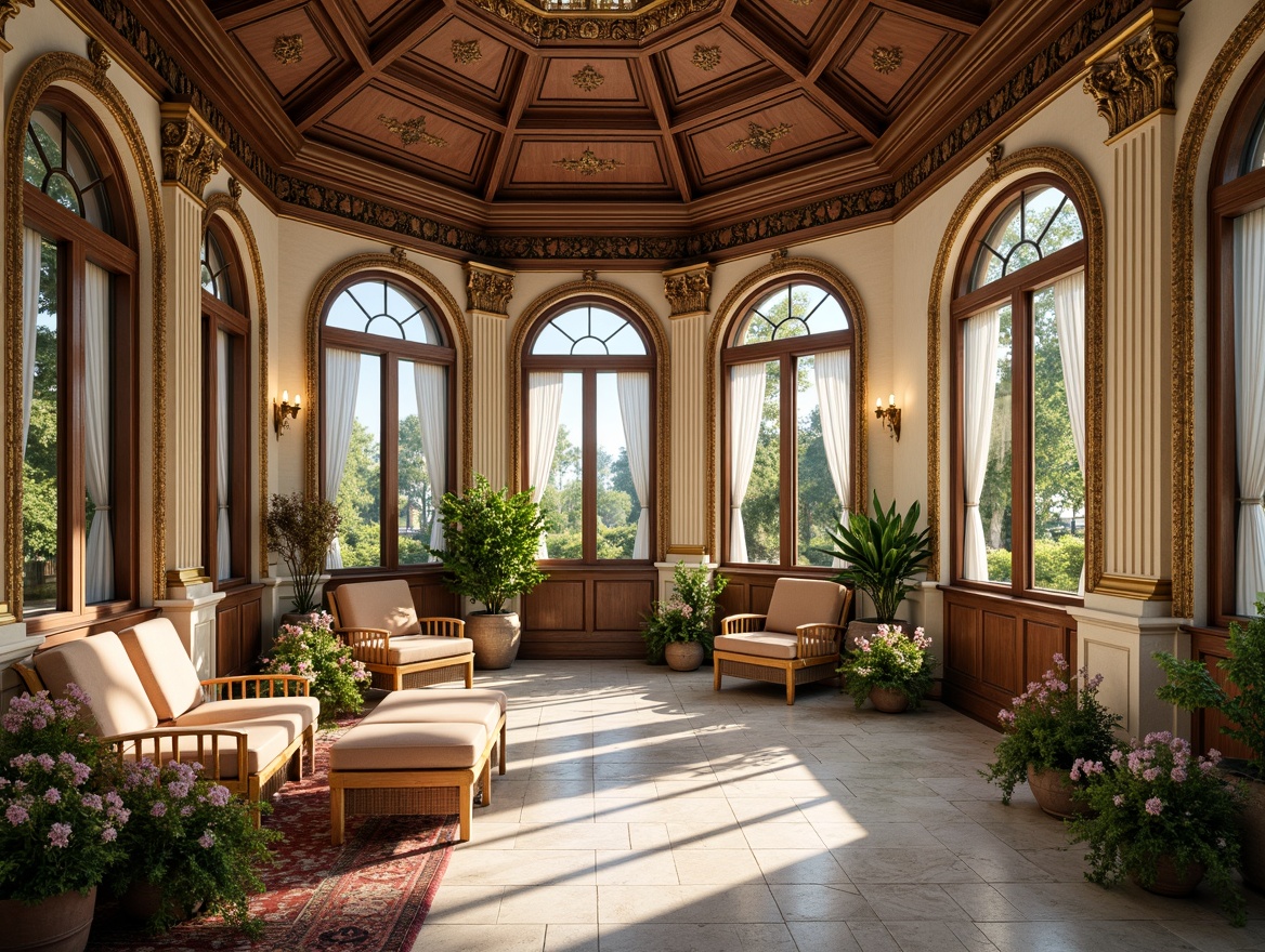 Prompt: Ornate sunroom, Renaissance-inspired molding, rich wood tones, intricately carved details, grand archways, vaulted ceilings, ornamental columns, lavish furnishings, velvet drapes, golden accents, natural stone floors, large windows, soft diffused lighting, warm beige walls, classical statues, lush greenery, blooming flowers, sunny day, 1/1 composition, realistic textures, ambient occlusion.