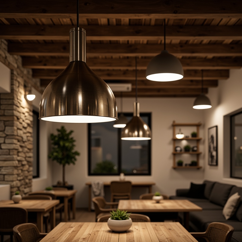 Prompt: Modern pendant lamps, sleek metal shades, warm white LED lights, minimalist ceiling fixtures, industrial-style exposed bulbs, rustic wooden beams, cozy living rooms, intimate dining spaces, soft ambient glow, 3/4 composition, shallow depth of field, realistic textures, warm color temperature, relaxing atmosphere, comfortable seating areas, natural stone walls, reclaimed wood accents.