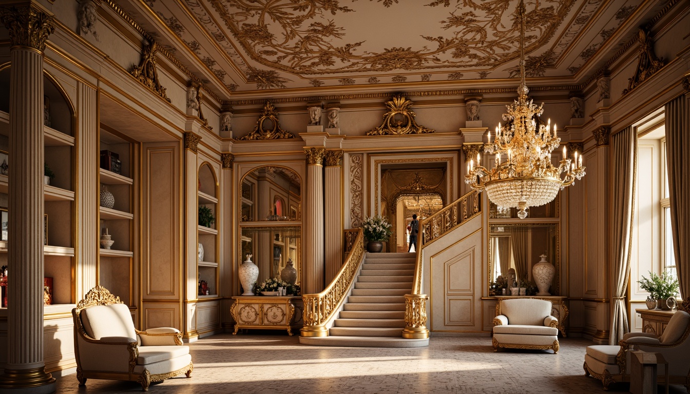 Prompt: Opulent palace interior, lavish furnishings, intricately carved wooden panels, gilded mirrors, ornate chandeliers, delicate porcelain vases, luxurious velvet drapes, soft golden lighting, shallow depth of field, 1/1 composition, realistic textures, ambient occlusion, grand staircases, sweeping archways, Rococo-inspired motifs, shell-shaped decorations, acanthus leaf patterns, whimsical sculptures, pastel color palette, romantic atmosphere.