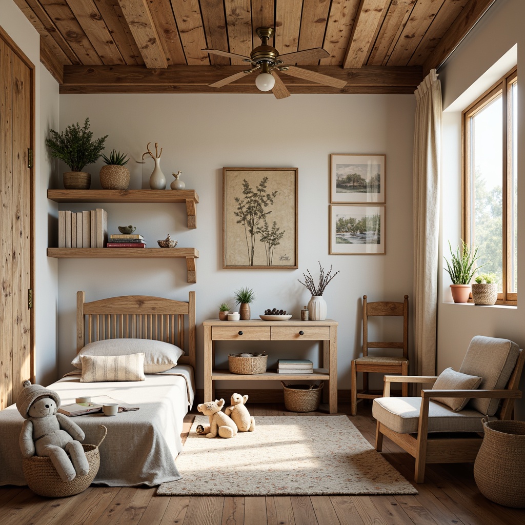 Prompt: Cozy kids' bedroom, rustic wooden furniture, distressed finishes, vintage decorations, plush toys, soft pastel colors, natural textiles, woven baskets, earthy tones, reclaimed wood accents, wooden rocking chair, handmade quilts, country-inspired wall art, warm lighting, shallow depth of field, 1/1 composition, intimate atmosphere, realistic wood textures, ambient occlusion.