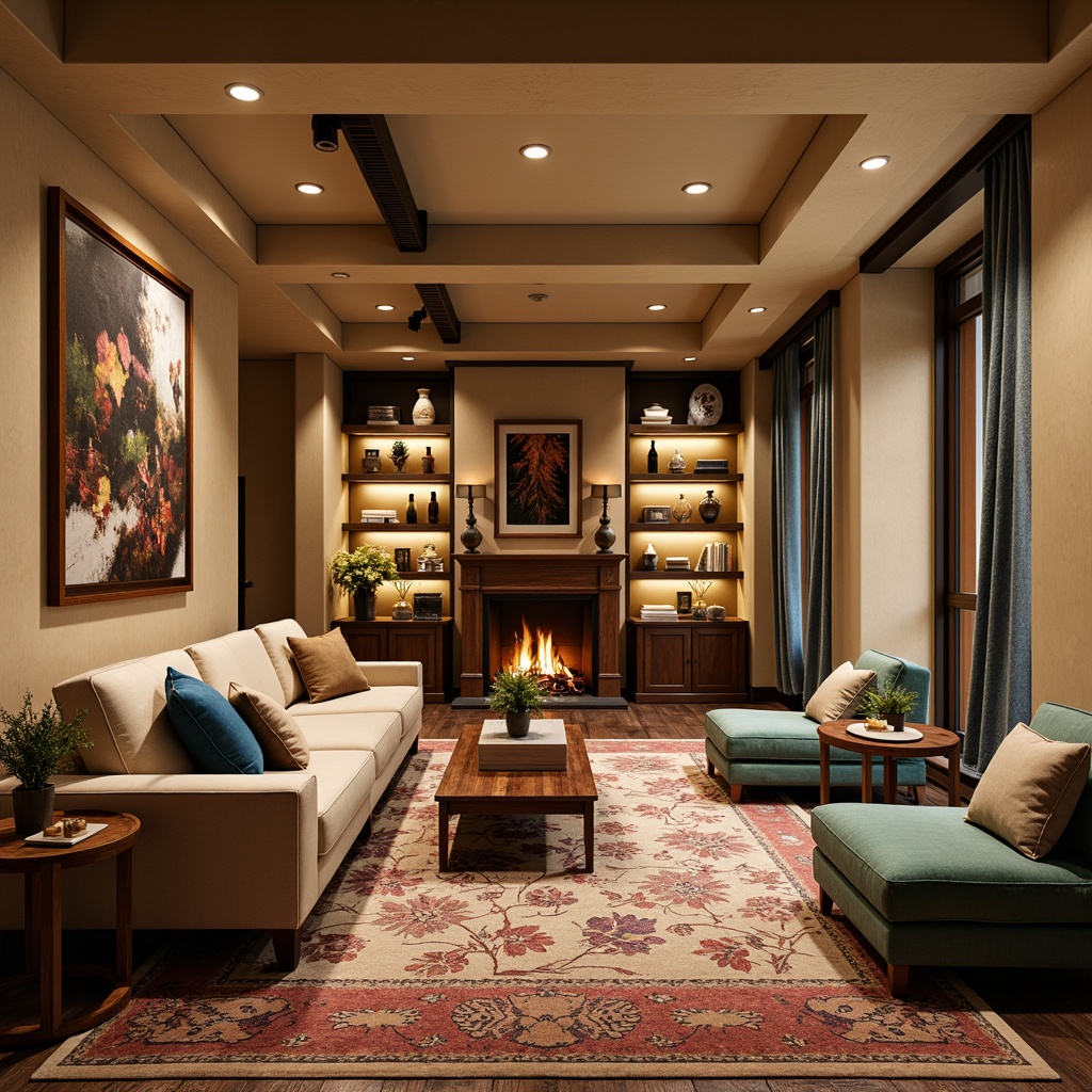 Prompt: Cozy basement atmosphere, warm beige walls, rich wood accents, soft golden lighting, plush carpets, comfortable seating areas, natural stone fireplaces, earthy brown tones, calming blue hues, vibrant accent colors, bold patterned rugs, rustic metal decor, industrial-chic exposed ductwork, modern minimalist shelving units, intimate ambiance, warm cream-colored trim, soothing pastel shades, dramatic ceiling heights, luxurious velvet drapes.