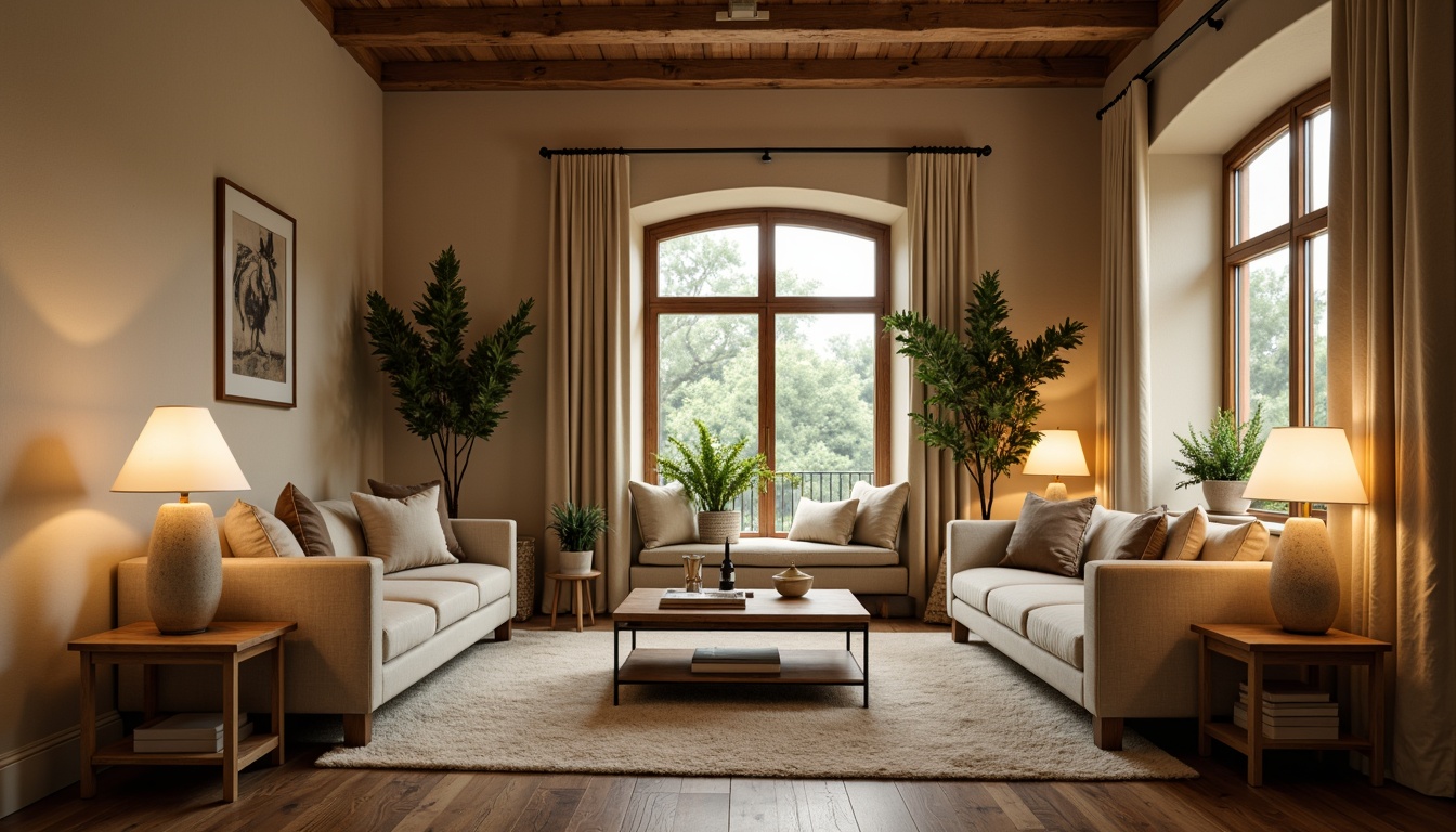 Prompt: Cozy living room, warm beige walls, comfortable sofas, rustic wooden coffee tables, soft cream-colored carpets, elegant floor lamps, delicate table lamps, warm white LED lights, subtle ambient lighting, intimate reading nooks, inviting window seats, lush greenery, natural textiles, earthy color palette, calming atmosphere, relaxing mood, shallow depth of field, 3/4 composition, realistic textures, ambient occlusion.