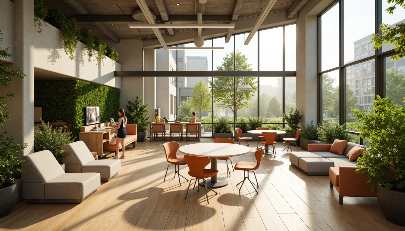 Prompt: Vibrant educational setting, abundant natural light, floor-to-ceiling windows, sleek wooden floors, modern minimalist furniture, greenery walls, living plants, calming color palette, soft warm ambiance, shallow depth of field, 3/4 composition, panoramic view, realistic textures, ambient occlusion.