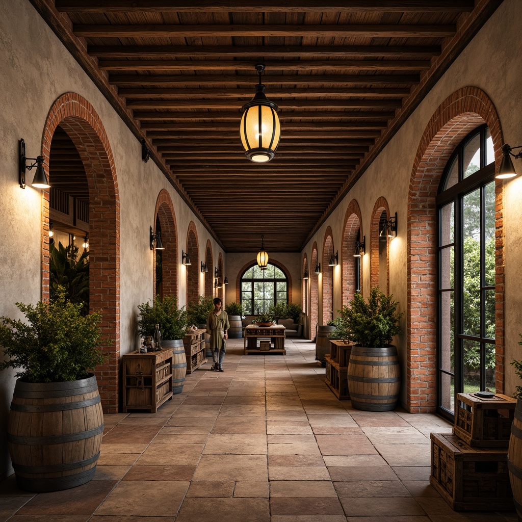 Prompt: Rustic winery, eclectic style design, textured walls, distressed wood accents, vintage wine barrels, earthy color palette, natural stone floors, wooden beam ceilings, industrial metal lighting, worn brick archways, ornate wrought iron details, lush green vines, rustic wooden crates, dim warm lighting, shallow depth of field, 1/1 composition, realistic textures, ambient occlusion.