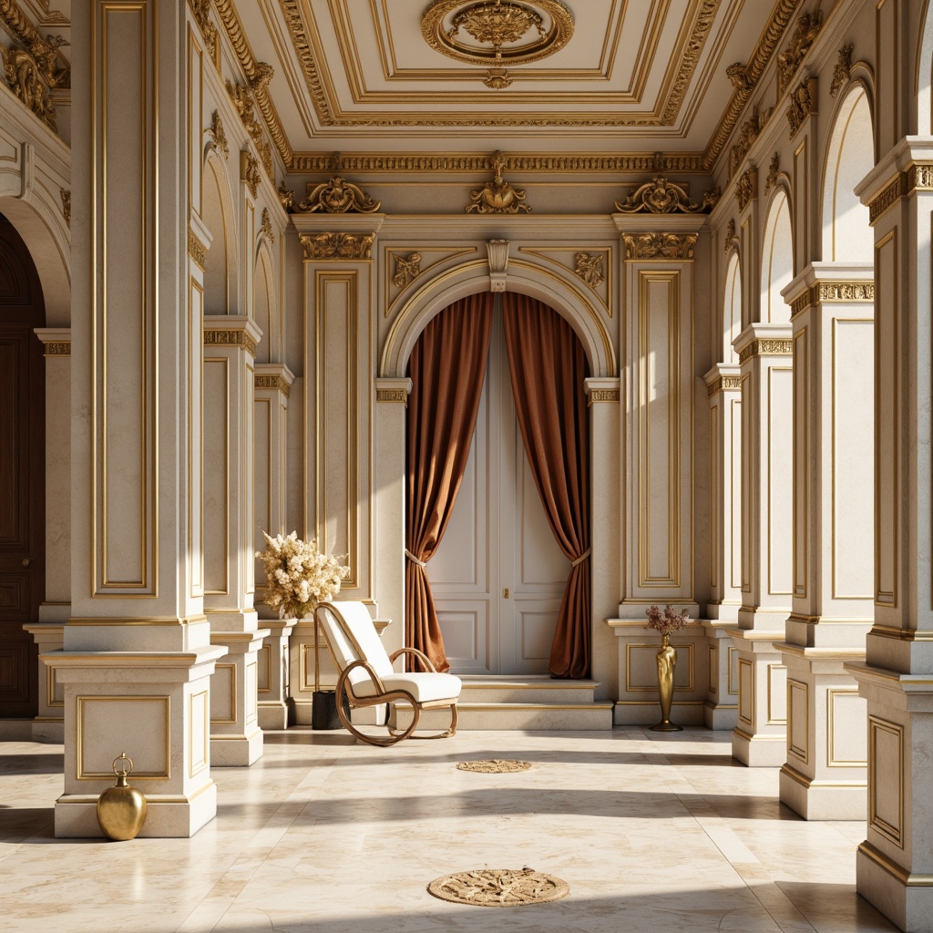 Prompt: Elegant neoclassical facade, ornate details, rich golden ornaments, soft creamy whites, muted earthy tones, warm beige stonework, subtle rust accents, refined marble textures, opulent velvet drapes, luxurious satin fabrics, intricate moldings, classic columnar structures, symmetrical compositions, soft diffused lighting, warm afternoon sunbeams, shallow depth of field, 2/3 composition, realistic renderings, ambient occlusion.