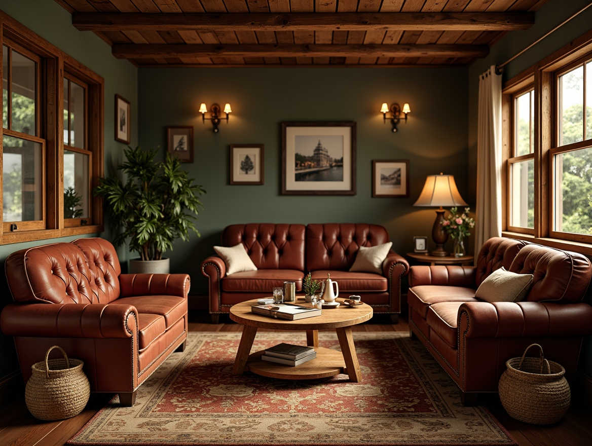 Prompt: Rustic wooden furniture, distressed finishes, ornate carvings, rich leathers, velvet upholstery, tufted details, solid wood legs, handcrafted accents, earthy color palette, warm golden lighting, cozy intimate spaces, natural textures, woven baskets, vintage decorative items, traditional craftsmanship, nostalgic atmosphere, soft focus, shallow depth of field, 1/1 composition, realistic rendering.