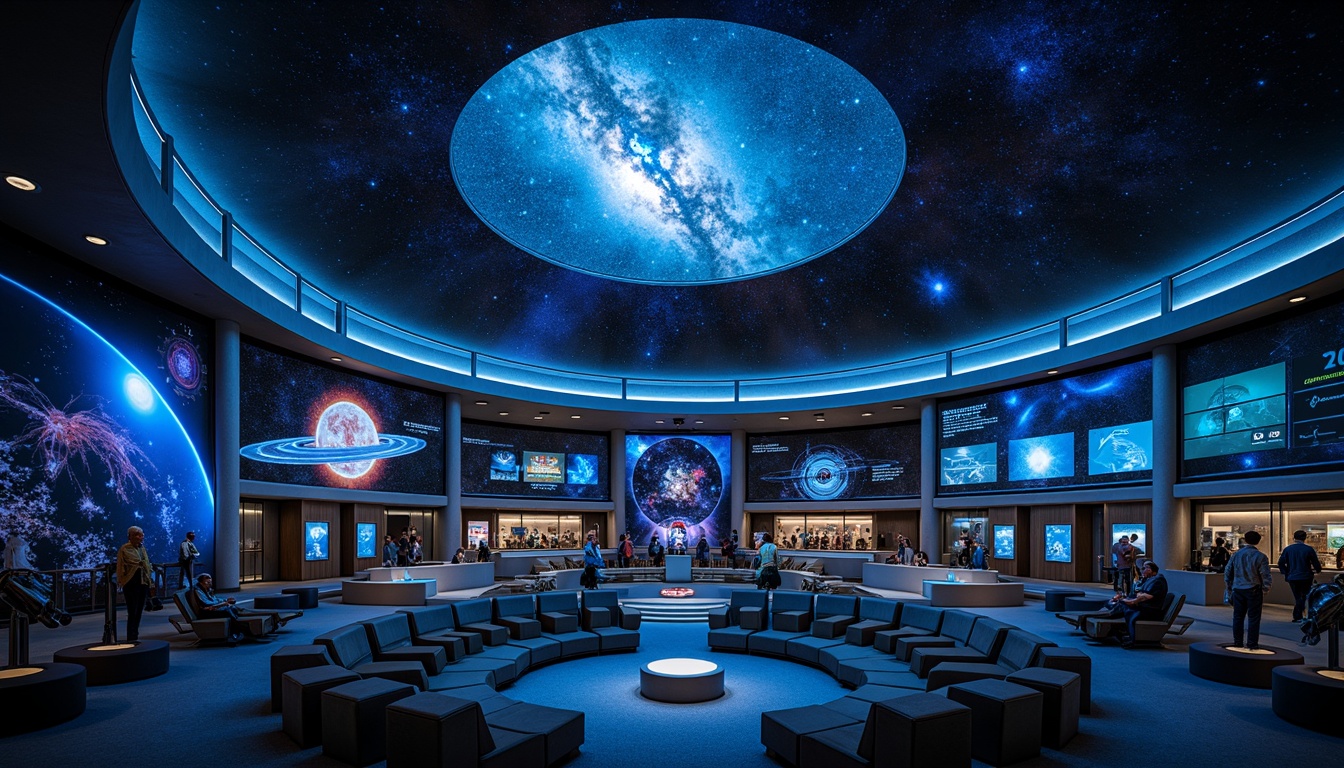 Prompt: Celestial-themed planetarium interior, curved dome ceiling, immersive starry night sky, circular seating arrangement, sleek metallic railings, interactive astronomy exhibits, futuristic digital displays, 3D visualization technology, spherical projection screens, ambient blue lighting, dark tones, minimalist decor, optimized floor planning, efficient circulation paths, flexible modular furniture, adjustable telescopes, stargazing areas, educational graphics, astronomy-inspired patterns, vibrant nebula colors, soft diffuse lighting, shallow depth of field, 1/2 composition, panoramic view.