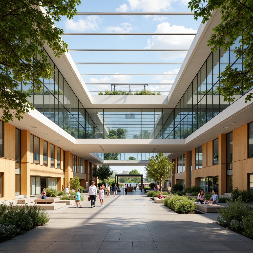 Prompt: Spacious classrooms, large windows, transparent glass walls, clerestory roofs, skylights, open floor plans, minimal obstructions, reflective surfaces, polished concrete floors, bright color schemes, modern minimalist architecture, sustainable building materials, energy-efficient systems, green roofs, outdoor learning areas, shaded courtyards, natural stone walkways, blooming trees, sunny day, soft warm lighting, shallow depth of field, 3/4 composition, panoramic view, realistic textures, ambient occlusion.