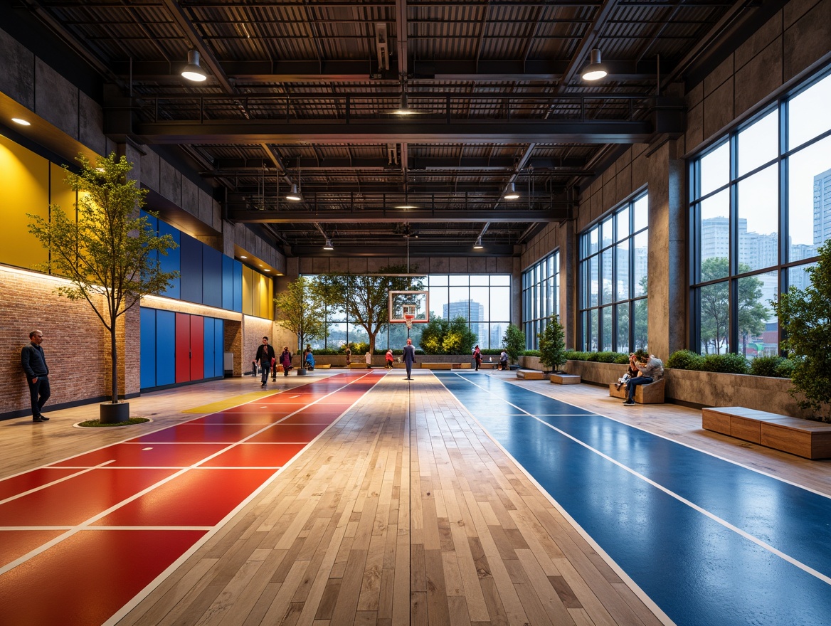 Prompt: Vibrant athletic zone, eclectic gymnasium, industrial-chic decor, polished concrete floors, distressed wooden planks, metallic accents, neon-colored stripes, bold geometric patterns, high-gloss finish, heavy-duty flooring, shock-absorbing materials, anti-slip coatings, dynamic lighting effects, dramatic shadows, panoramic views, realistic textures, ambient occlusion.