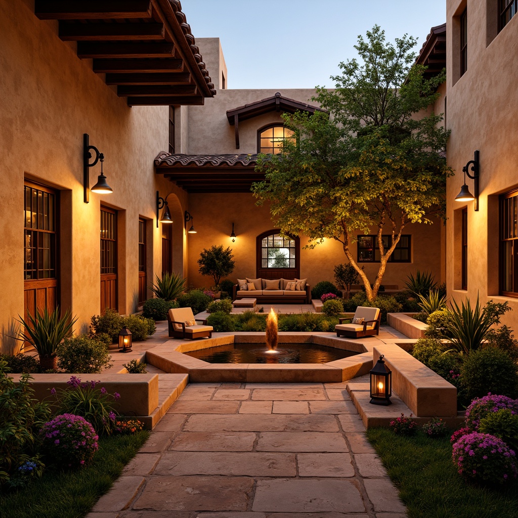 Prompt: Warm golden lighting, rustic wooden beams, adobe-style architecture, arched windows, terra cotta roofs, serene courtyard, lush greenery, vibrant flowers, tranquil fountain, soft warm glow, warm beige walls, natural stone floors, candles, lanterns, stained glass windows, ornate metalwork, Southwestern patterns, colorful textiles, intimate ambiance, cozy nooks, warm color palette, low-key lighting, dramatic shadows, 1/2 composition, realistic textures, ambient occlusion.