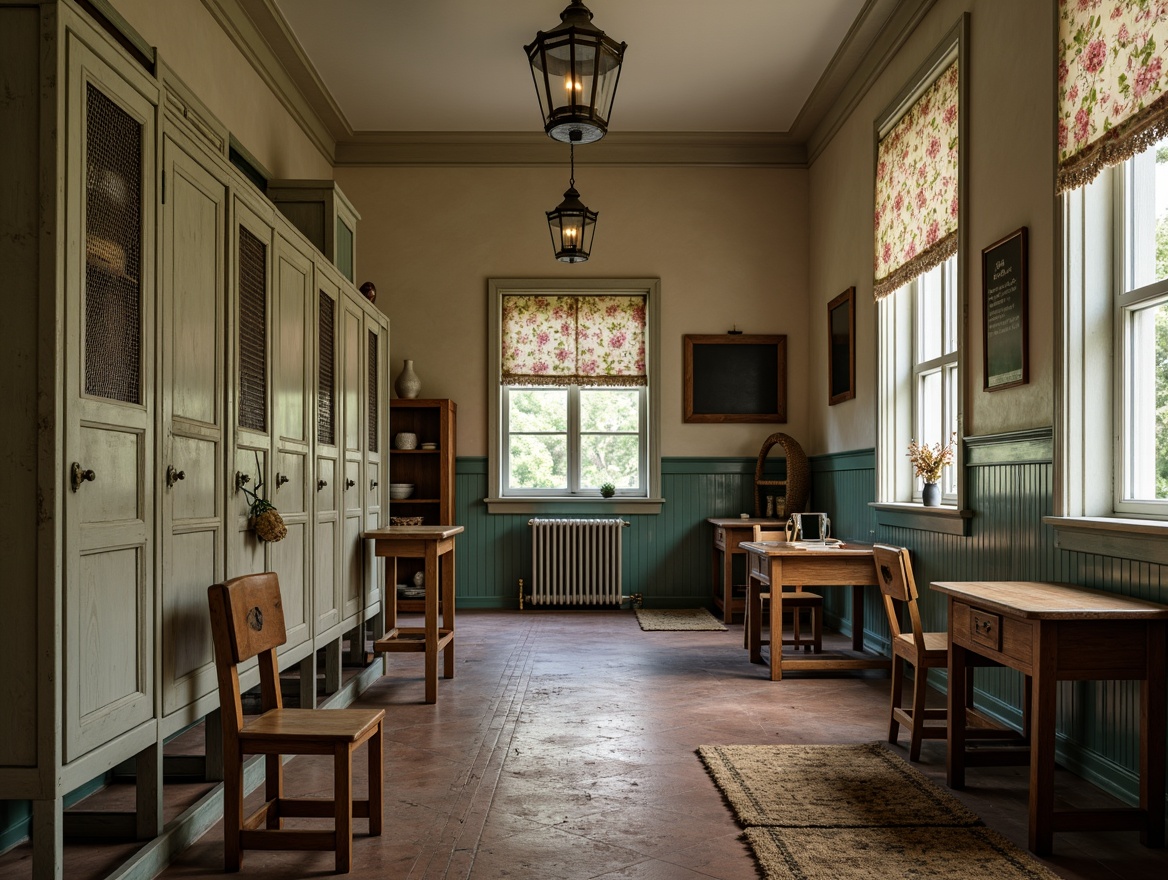 Prompt: Vintage school hallway, distressed wood lockers, ornate metal lanterns, soft pastel colors, floral patterns, lace trim, antique chalkboards, rustic wooden desks, woven baskets, natural fiber rugs, warm cozy lighting, shallow depth of field, 1/1 composition, intimate portrait view, realistic textures, ambient occlusion.