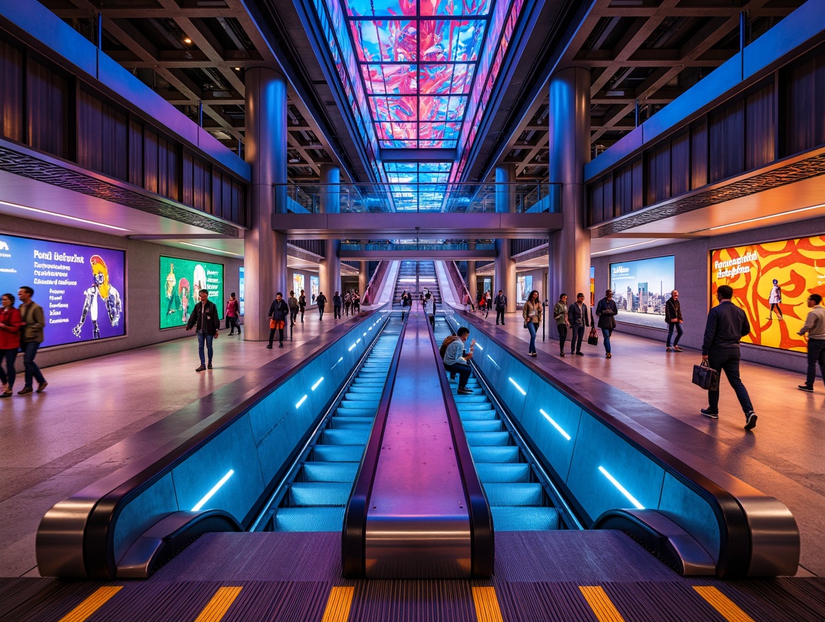 Prompt: Vibrant metro station interior, bold color accents, neon lights, modern architecture, sleek metal columns, polished concrete floors, geometric patterns, stainless steel railings, futuristic escalators, dynamic lighting effects, abstract art installations, urban cityscape views, busy commuter atmosphere, shallow depth of field, 1/2 composition, realistic textures, ambient occlusion.