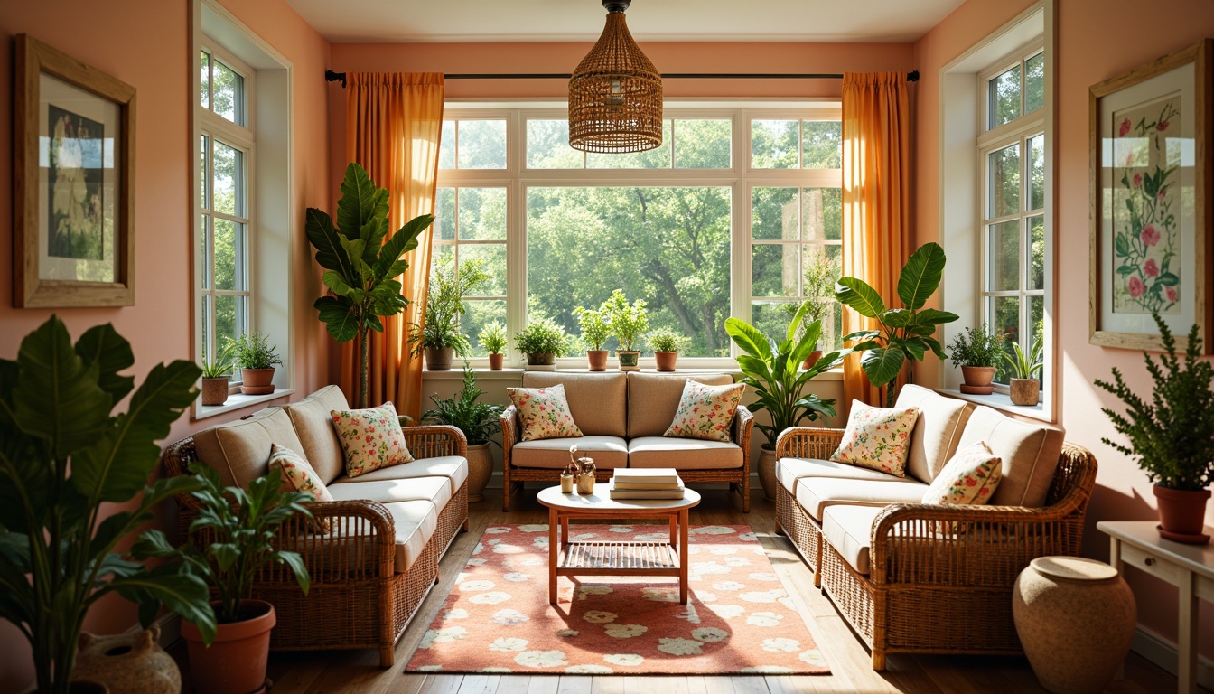 Prompt: Vibrant sunroom, warm natural light, bright cheerful colors, floral patterns, wicker furniture, plush cushions, greenery views, botanical prints, earthy tones, terracotta pots, wooden accents, soft sheer curtains, cozy reading nook, refreshing morning atmosphere, gentle warm lighting, shallow depth of field, 1/1 composition, intimate scale, realistic textures, ambient occlusion.