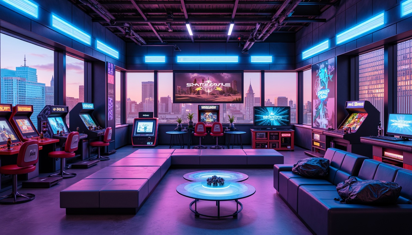 Prompt: Neon-lit futuristic game room, sleek metallic furniture, holographic displays, levitating chairs, glow-in-the-dark accents, virtual reality headsets, retro-futuristic arcade machines, neon-colored glass tables, minimalist shelving units, ambient LED lighting, soft pulsing glow, 3D-printed decorations, geometric patterns, cyberpunk-inspired textures, atmospheric fog effects, cinematic sound systems, immersive gaming experiences, futuristic cityscape views, high-tech gadgetry, advanced AI-powered interfaces.