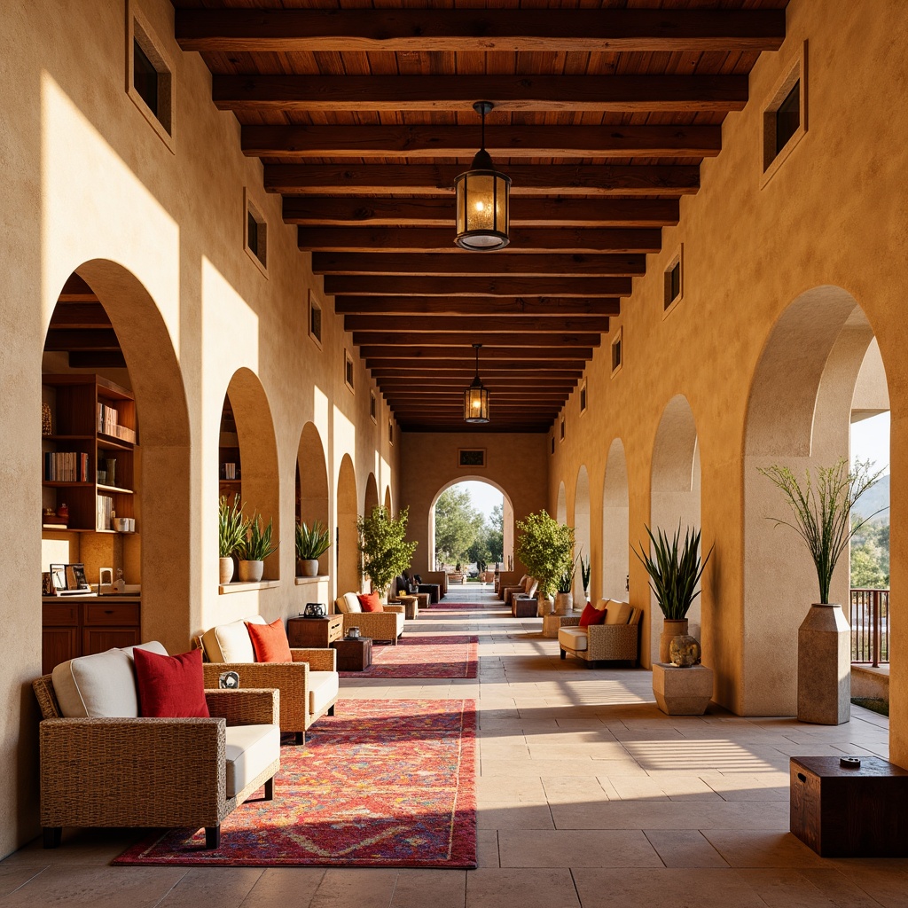 Prompt: Vibrant southwestern-themed hotel lobby, warm beige stucco walls, rustic wooden accents, colorful Navajo-inspired textiles, geometric patterned rugs, polished concrete floors, natural stone walkways, earthy tone ceramic tiles, woven wicker furniture, plush desert-hued upholstery, statement lighting fixtures, grand wooden ceiling beams, airy open spaces, inviting cozy nooks, soft warm ambiance, shallow depth of field, 1/2 composition, realistic textures, ambient occlusion.