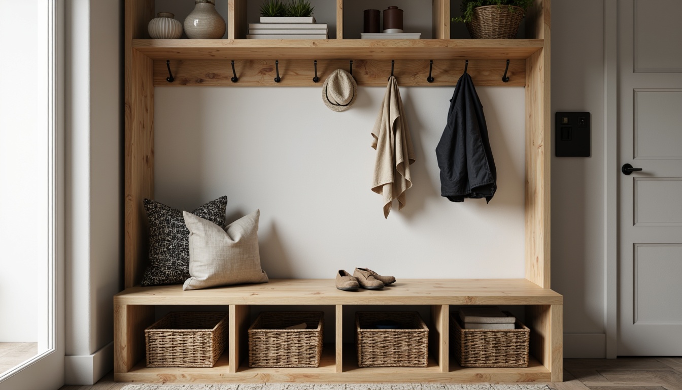 Prompt: Simple mudroom bench, natural wood tones, sleek metal hooks, industrial-chic shelving units, minimalist decor, monochromatic color scheme, functional storage bins, woven baskets, matte black hardware, soft warm lighting, shallow depth of field, 1/1 composition, realistic textures, ambient occlusion.