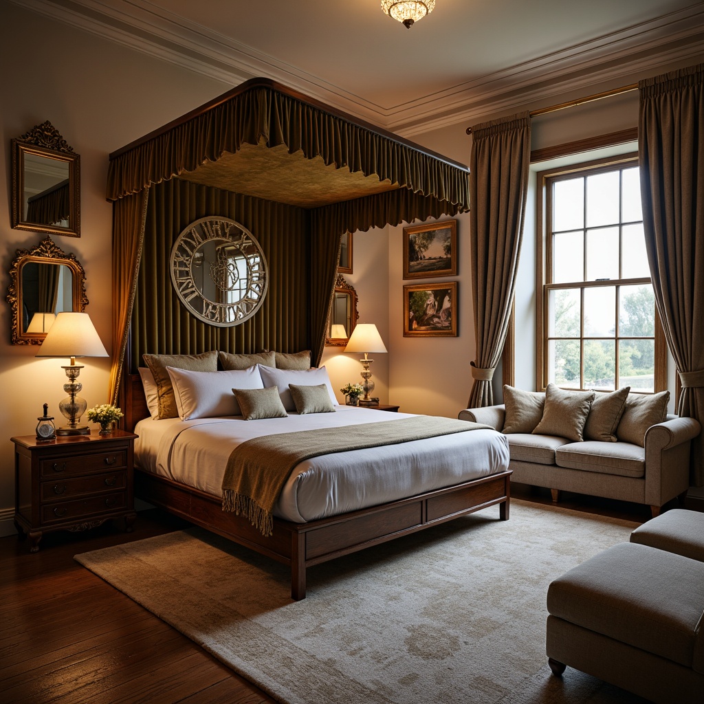 Prompt: Cozy bedroom, plush carpet, soft warm lighting, calming colors, elegant four-poster bed, luxurious velvet drapes, ornate mirror frames, vintage furniture pieces, distressed wood accents, comfortable reading nook, oversized pillows, serene atmosphere, natural linen fabrics, subtle sheen finishes, 1/1 composition, shallow depth of field, realistic textures.