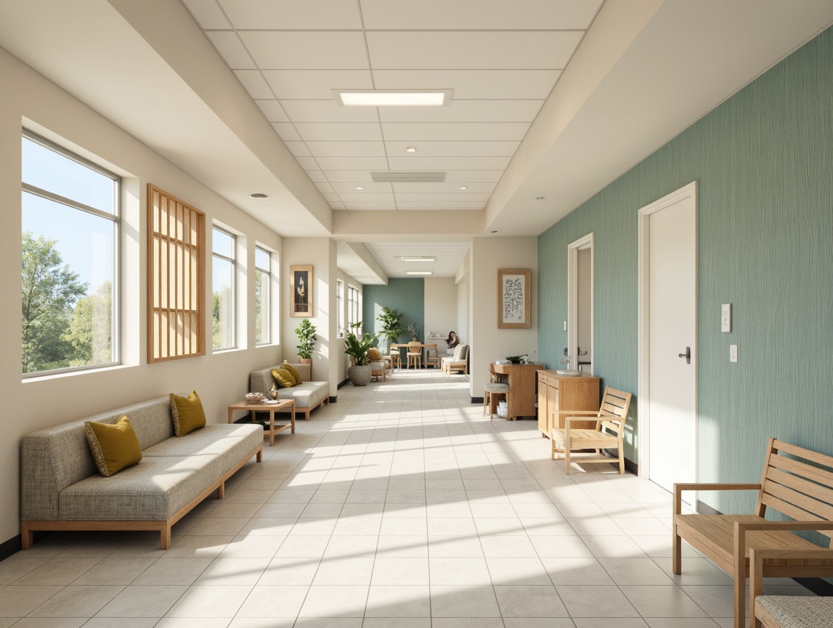 Prompt: Calming medical clinic, soft pastel colors, gentle beige tones, soothing blues, muted greens, creamy whites, warm wooden accents, natural textiles, subtle patterned upholstery, minimalist decor, ample natural light, airy open spaces, serene atmosphere, shallow depth of field, 1/1 composition, realistic renderings, ambient occlusion.