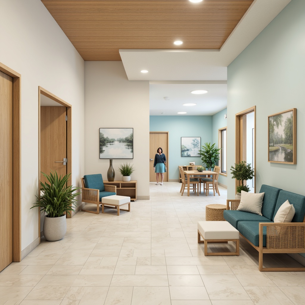 Prompt: Calming healthcare center interior, soothing color palette, gentle pastel hues, soft whites, creamy beiges, pale blues, muted greens, warm wood accents, natural stone floors, comfortable waiting areas, cozy patient rooms, calming art pieces, minimal ornamentation, functional furniture, clean lines, subtle textures, soft diffused lighting, 1/1 composition, serene atmosphere, realistic renderings.