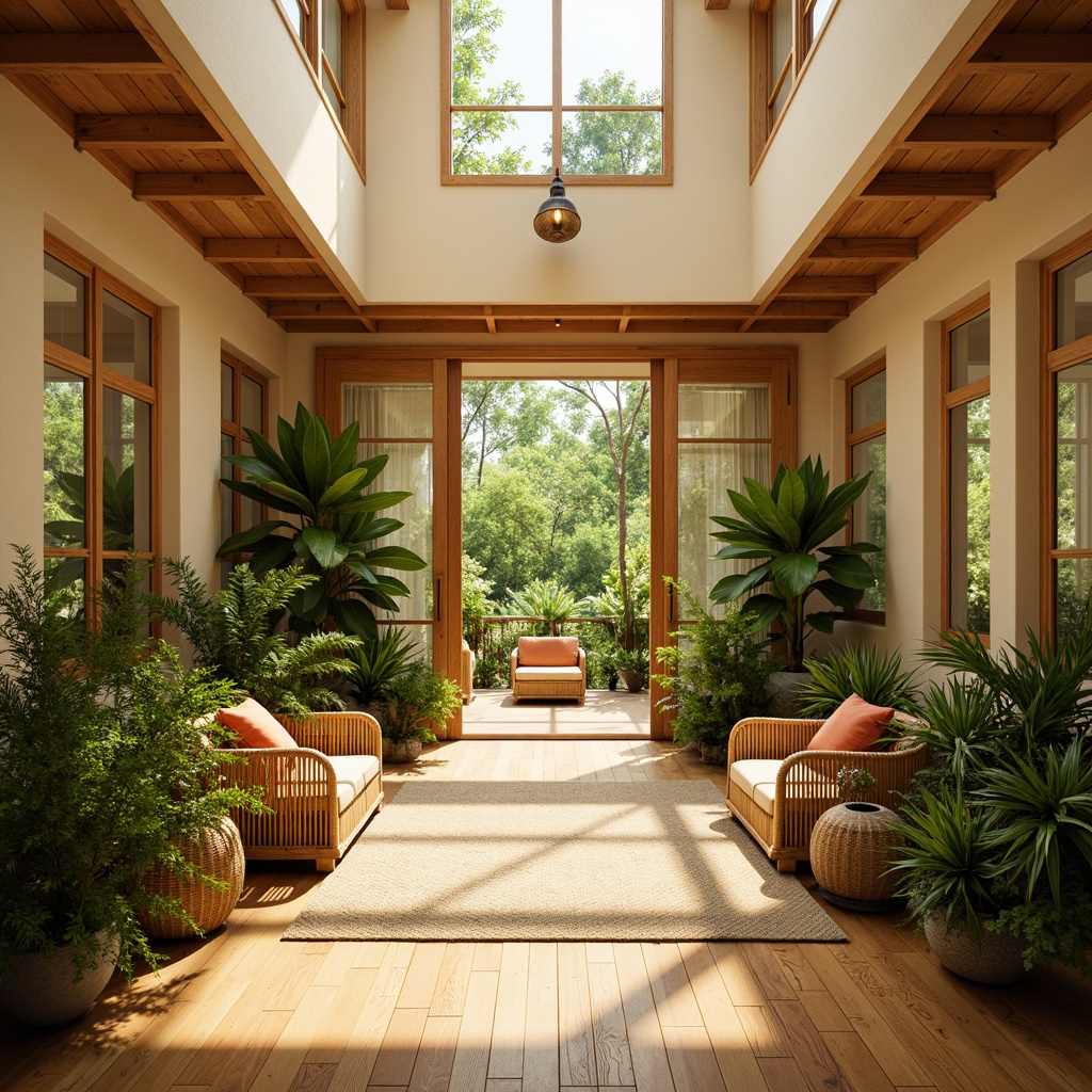 Prompt: Vibrant tropical interior, warm beige walls, polished wooden floors, lush greenery, exotic plants, natural fibers, woven rattan furniture, bamboo accents, large windows, sliding glass doors, clerestory windows, skylights, soft diffused light, warm golden lighting, minimal shading, 1/1 composition, symmetrical balance, airy atmosphere, relaxed ambiance, calming color palette, earthy tones, organic textures, natural materials, woven textiles, rattan patterns.