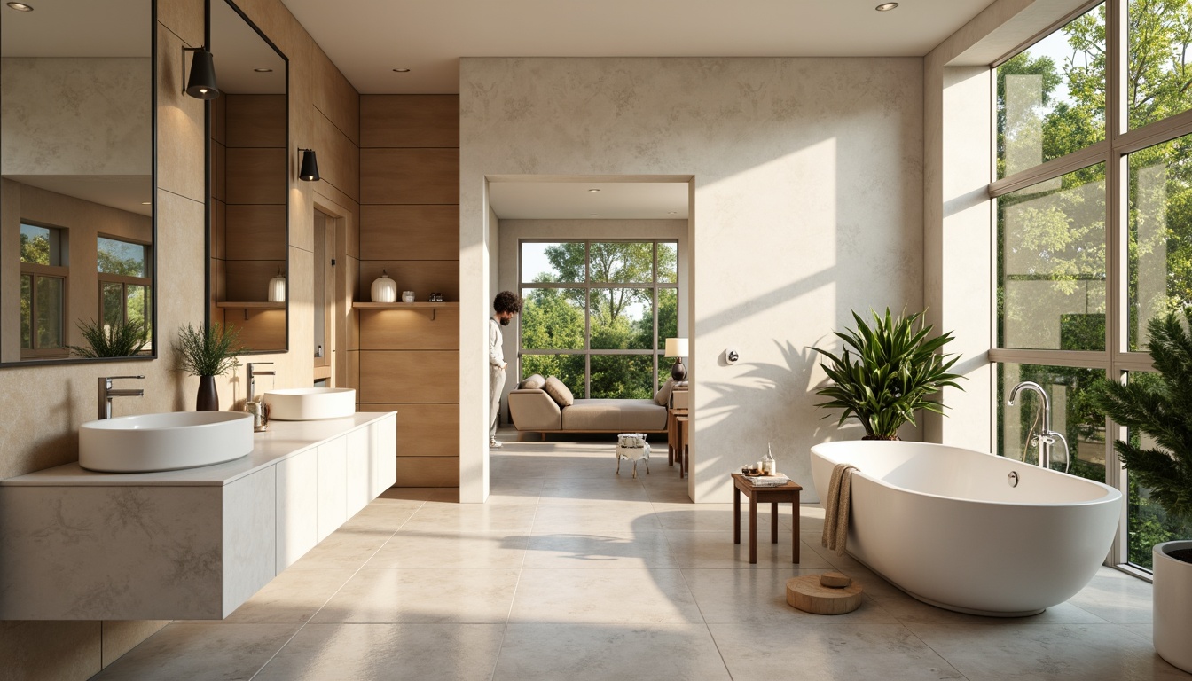 Prompt: Warm beige tone walls, creamy white marble countertops, soft gray stone flooring, polished chrome fixtures, elegant freestanding tubs, modern rain showerheads, lush greenery, natural light pouring through large windows, warm ambient lighting, shallow depth of field, 3/4 composition, realistic textures, ambient occlusion.