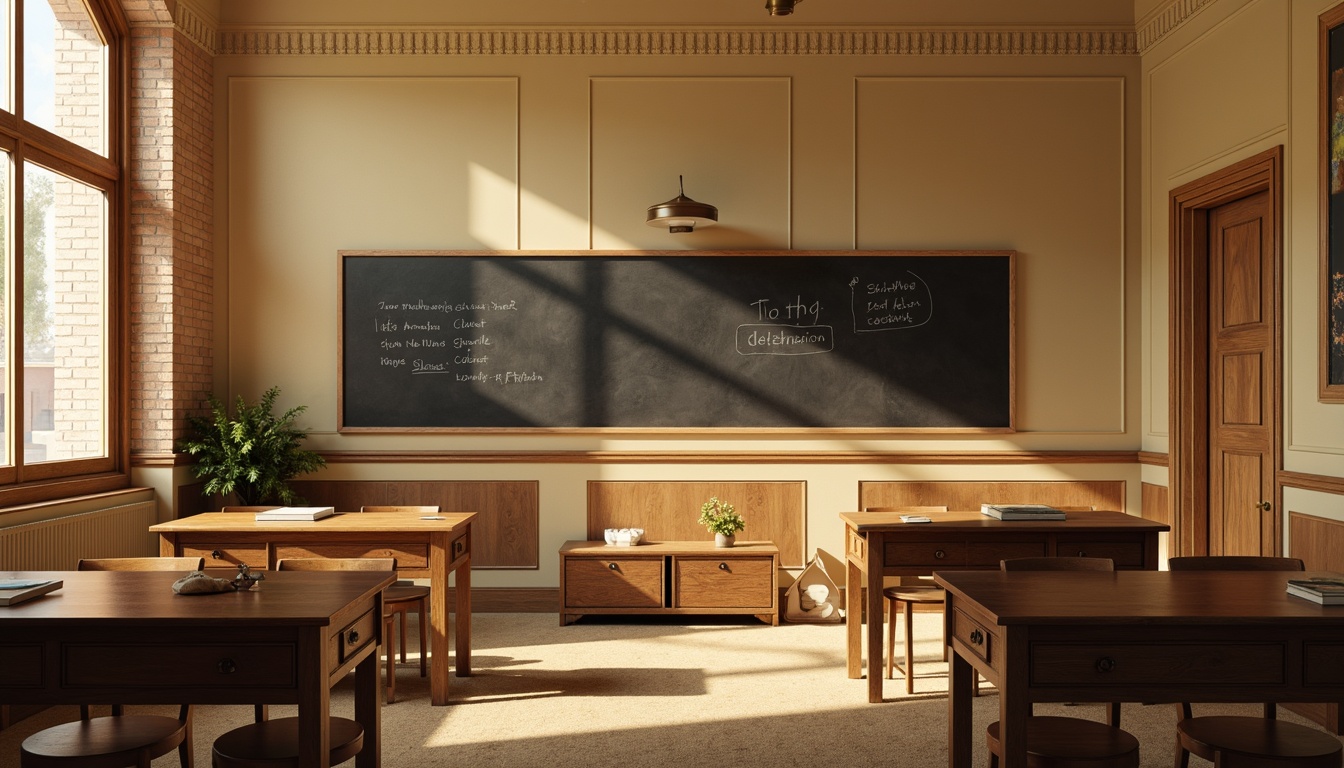 Prompt: Warm beige walls, rich wood accents, classic brick textures, soft cream-colored paint, elegant wainscoting, ornate moldings, traditional chalkboards, rustic wooden desks, comfortable carpeted floors, warm natural lighting, subtle shadowing, 1/1 composition, realistic renderings, ambient occlusion.