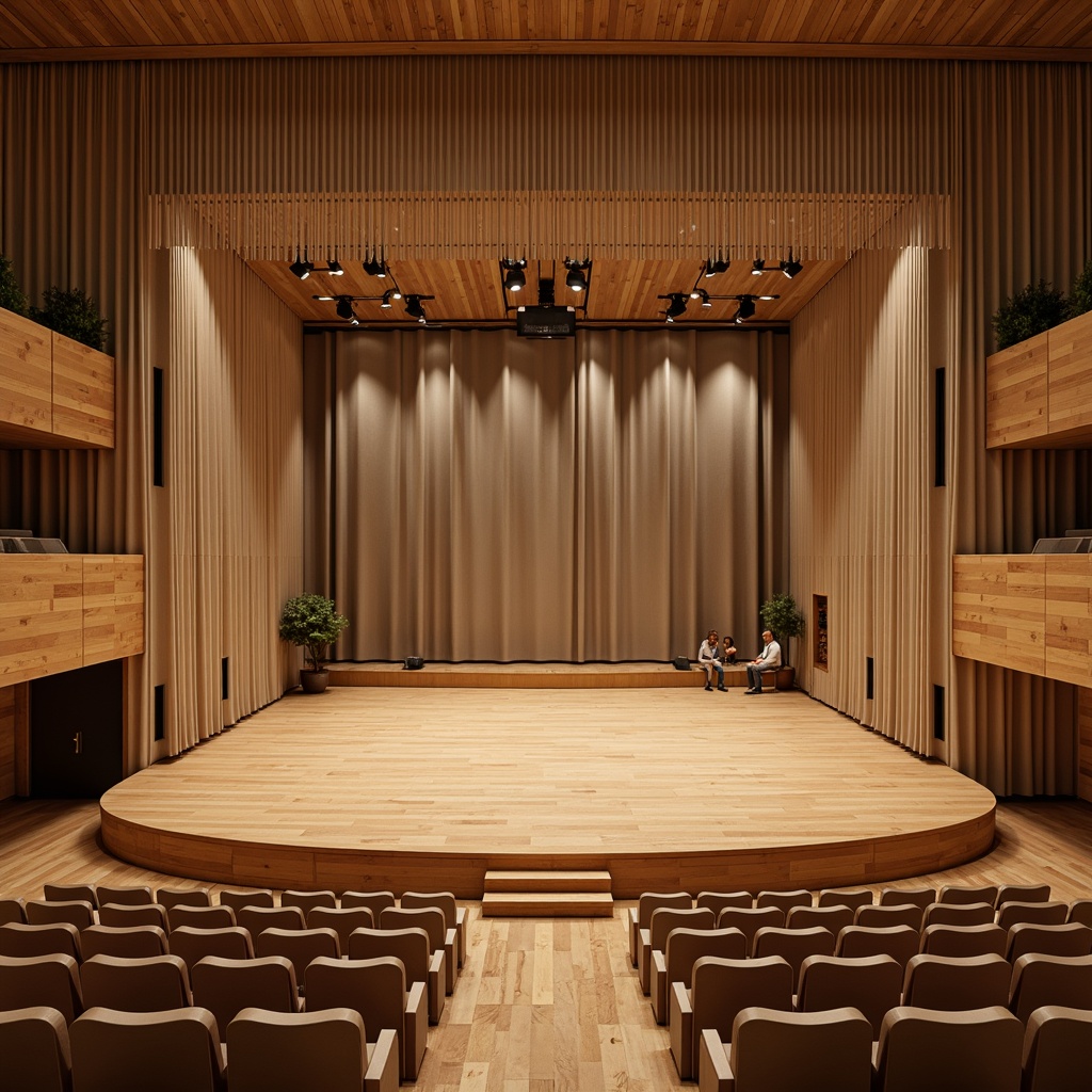 Prompt: Intimate wooden auditorium, Nordic minimalist design, warm beige tones, soft velvety curtains, rustic wooden accents, cozy ambient lighting, natural oak wood flooring, curved balconies, suspended acoustic panels, sound-absorbing materials, state-of-the-art audio equipment, sleek modern stage design, flexible seating arrangements, atmospheric fog effects, subtle color-changing lights, 1/2 composition, shallow depth of field, cinematic framing.