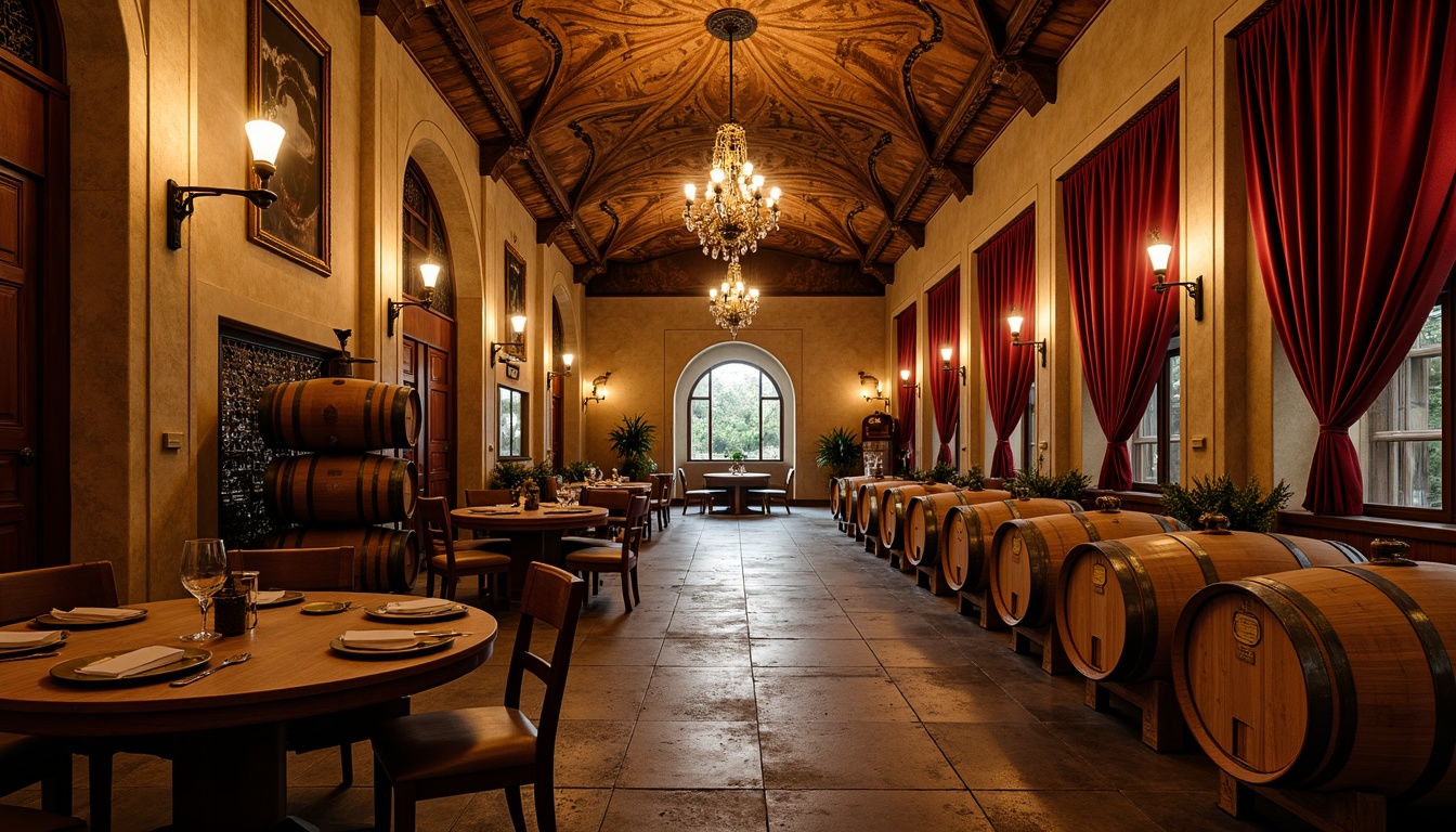 Prompt: Warm winery ambiance, rustic wooden barrels, vintage wine-making equipment, Renaissance-style chandeliers, ornate metalwork, rich velvet drapes, stone walls, arched windows, soft golden lighting, warm candlelight, dimmable LED lights, layered ceiling lighting, ambient shadows, dramatic spotlights, intricate fresco ceilings, elegant crystal fixtures, luxurious fabric textures, classic Italianate architectural elements, aged wooden beams, earthy color palette, intimate gathering spaces.