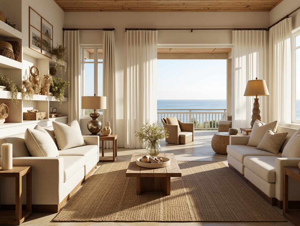 Prompt: Coastal living room, soft ocean breeze, calming beachy atmosphere, warm sandy tones, driftwood accents, natural textiles, woven sea grass rugs, comfortable plush sofas, nautical themed decorative items, vintage fishing nets, glass vases with seashells, candles in mercury glass holders, layered window treatments, sheer white curtains, linen upholstery, rustic wooden coffee tables, lantern style pendant lights, warm golden table lamps, ambient floor lighting, soft box pleat shades, 1/1 composition, realistic reflections, sunny day, gentle warm glow, shallow depth of field.