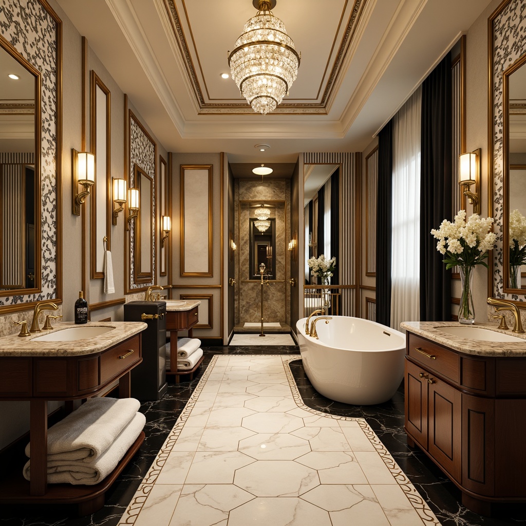 Prompt: Luxurious bathroom, ornate gold fixtures, rich marble countertops, sleek black and white tile flooring, geometric patterned wallpaper, metallic accents, lavish crystal chandeliers, velvety soft towels, elegant Art Deco style cabinets, polished chrome hardware, high-gloss wooden vanities, sunken tubs, rainfall showerheads, LED mood lighting, warm beige color scheme, ornamental mirrors, hexagonal tile patterns, bold black and gold stripes, opulent fabrics, sophisticated ambiance.