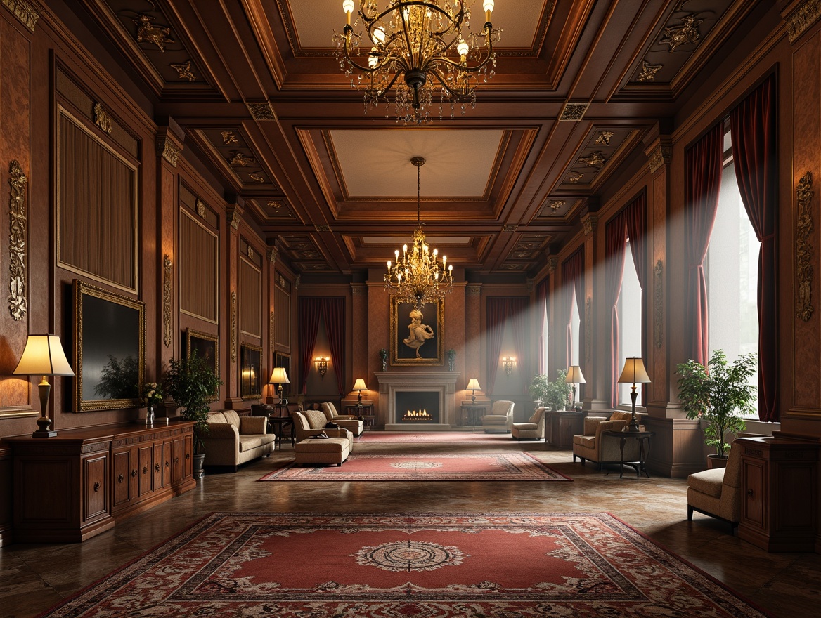 Prompt: Luxurious basement, ornate Renaissance-style decor, richly patterned rugs, intricately carved wooden paneling, grandiose chandeliers, opulent furnishings, velvet drapes, gilded mirrors, lavish marble floors, ornamental plaster ceilings, dramatic archways, imposing stone columns, rustic brick walls, ambient warm lighting, soft shadows, atmospheric mist, 1/1 composition, symmetrical framing, realistic textures, detailed normal maps.