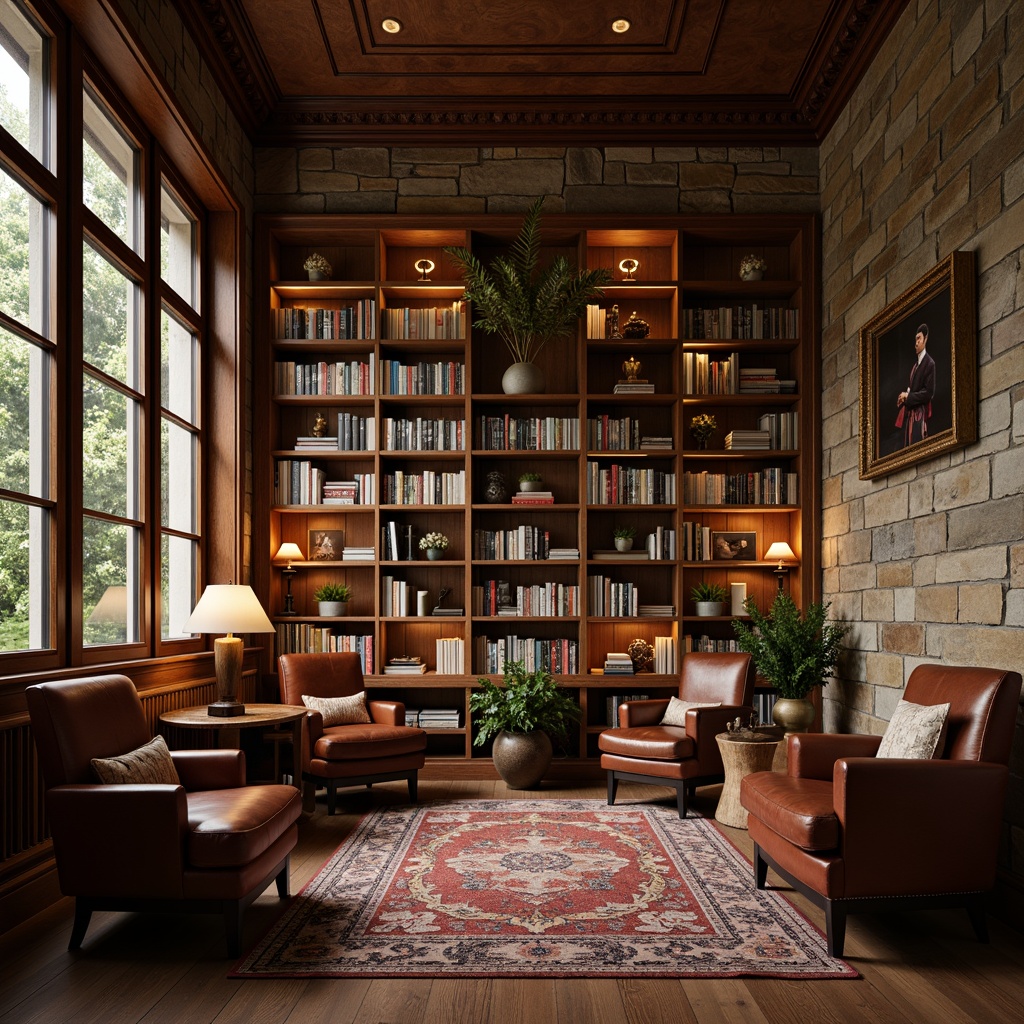 Prompt: Cozy bookstore, rich wood shelves, vintage leather armchairs, warm floor lamps, plush area rugs, earthy tone color palette, natural stone walls, comfortable reading nooks, soft warm lighting, shallow depth of field, 1/2 composition, intimate atmosphere, realistic textures, ambient occlusion.