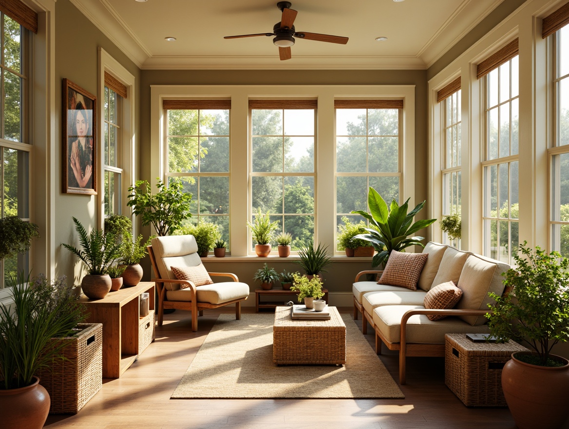 Prompt: Vibrant sunroom, natural light pouring in, warm beige walls, creamy white trim, soft sage green accents, rich wood tones, plush furniture upholstery, woven wicker baskets, potted plants, lush greenery, earthy terracotta pots, warm golden lighting, cozy throw blankets, 1/1 composition, shallow depth of field, realistic textures.