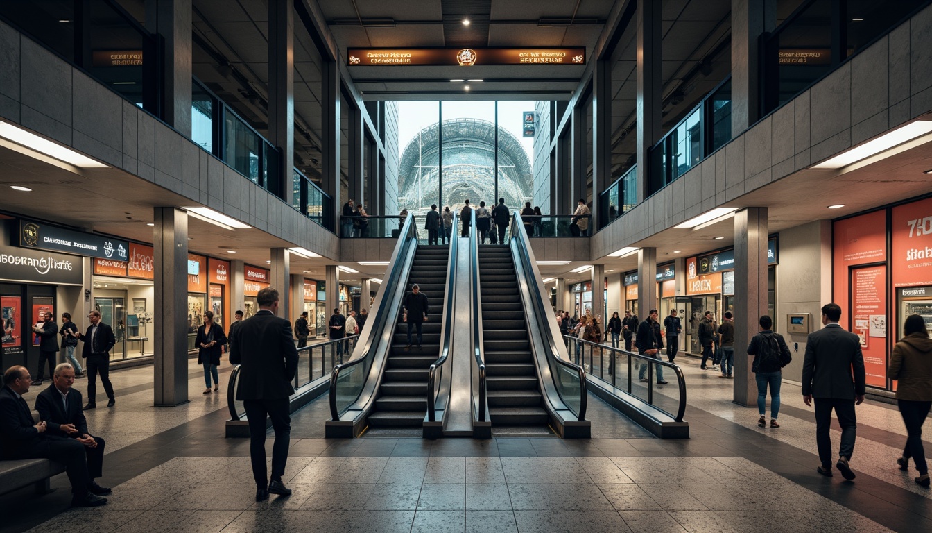 Prompt: Urban metro station, modern architecture, sleek metal columns, concrete flooring, granite walls, industrial-style lighting, futuristic escalators, stainless steel handrails, LED signage, vibrant digital displays, crowded pedestrian traffic, rush hour atmosphere, soft warm glow, shallow depth of field, 1/1 composition, realistic reflections, ambient occlusion, rough stone textures, smooth glass surfaces, metallic sheens, urban soundscape.