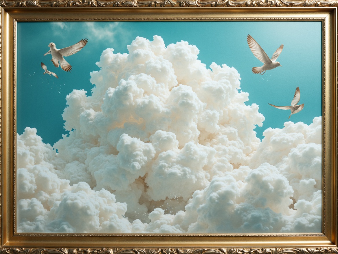 Prompt: Cerulean blue accents, soft creamy whites, warm beige tones, rich turquoise hues, iridescent mother-of-pearl finishes, subtle silver undertones, luxurious velvet textures, ornate golden frames, whimsical cloud formations, airy atmospheric perspective, gentle feathery brushstrokes, dreamy ethereal lighting, shallow depth of field, 1/2 composition, realistic reflections, ambient occlusion.