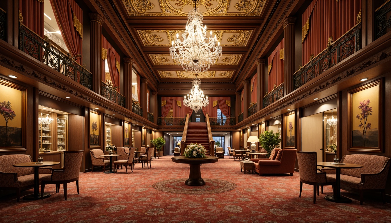 Prompt: Luxurious hotel lobby, opulent chandeliers, intricately carved wooden furnishings, ornate gilded mirrors, lavish velvet drapes, richly patterned carpets, Baroque-inspired ceiling designs, grandiose staircase, delicate filigree metalwork, soft warm lighting, shallow depth of field, 1/1 composition, realistic textures, ambient occlusion, ornate moldings, carved marble columns, crystal chandeliers, lavish floral arrangements, elegant furniture upholstery, refined accessories, luxurious amenities.