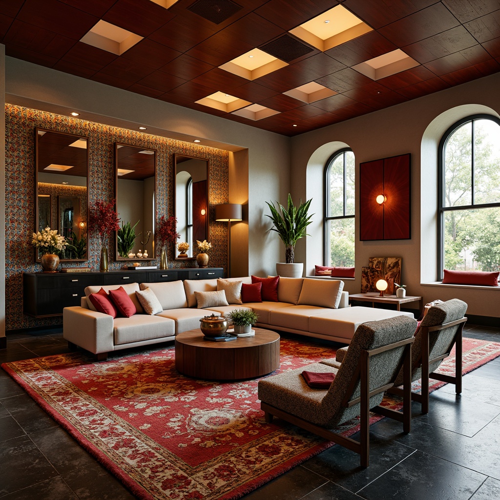 Prompt: Luxurious living room, bold geometric patterns, vibrant color schemes, modern furniture, sleek lines, angular shapes, minimalist decor, statement lighting fixtures, metallic accents, luxurious textiles, plush rugs, Moroccan-inspired tiles, intricate mosaics, ornate mirrors, eclectic artwork, 3D visual effects, warm ambient lighting, shallow depth of field, 2/3 composition, realistic reflections.