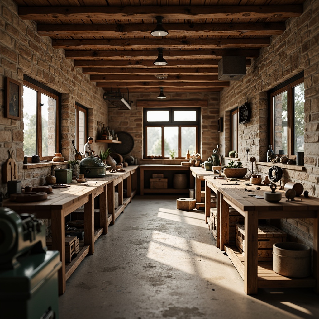 Prompt: Rustic family garage, wooden workbenches, distressed finishes, metal toolboxes, vintage machinery, wooden crates, rusty gears, earthy tones, natural stone flooring, exposed brick walls, wooden ceiling beams, warm lighting, cozy atmosphere, shallow depth of field, 1/1 composition, realistic textures, ambient occlusion.