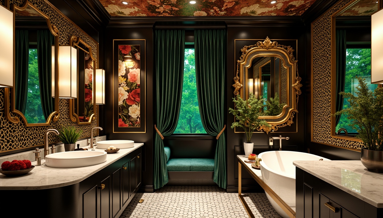 Prompt: Luxurious bathroom, Art Deco style, metallic accents, geometric patterns, bold black and gold color scheme, rich jewel tones, emerald green, sapphire blue, ruby red, creamy whites, chrome fixtures, ornate mirrors, marble countertops, hexagonal tiles, vintage-inspired lighting, warm ambient glow, high-contrast shadows, dramatic reflections, opulent textures, sophisticated elegance.