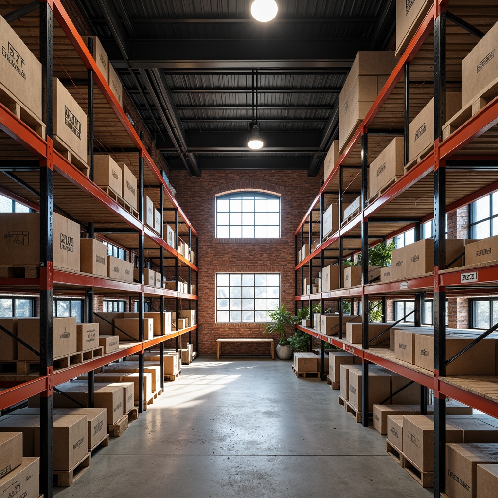 Prompt: Modern warehouse interior, industrial chic aesthetic, sleek metal shelving units, modular storage systems, customizable racking solutions, sturdy wooden crates, vintage factory windows, exposed brick walls, polished concrete floors, warm LED lighting, shallow depth of field, 1/1 composition, realistic textures, ambient occlusion.